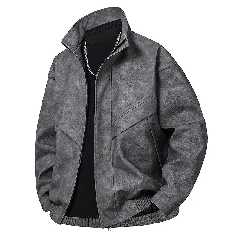 Men's slim fit PU leather coat in loose cut with straight hem and side pockets, shown in black gray colour