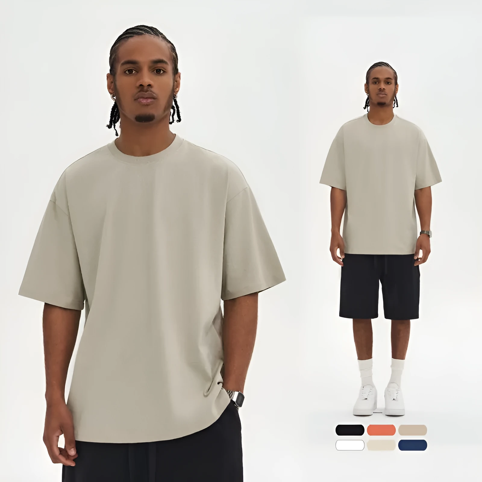 Loose fit combed cotton short sleeve top and pants set in solid colour with drop shoulder design
