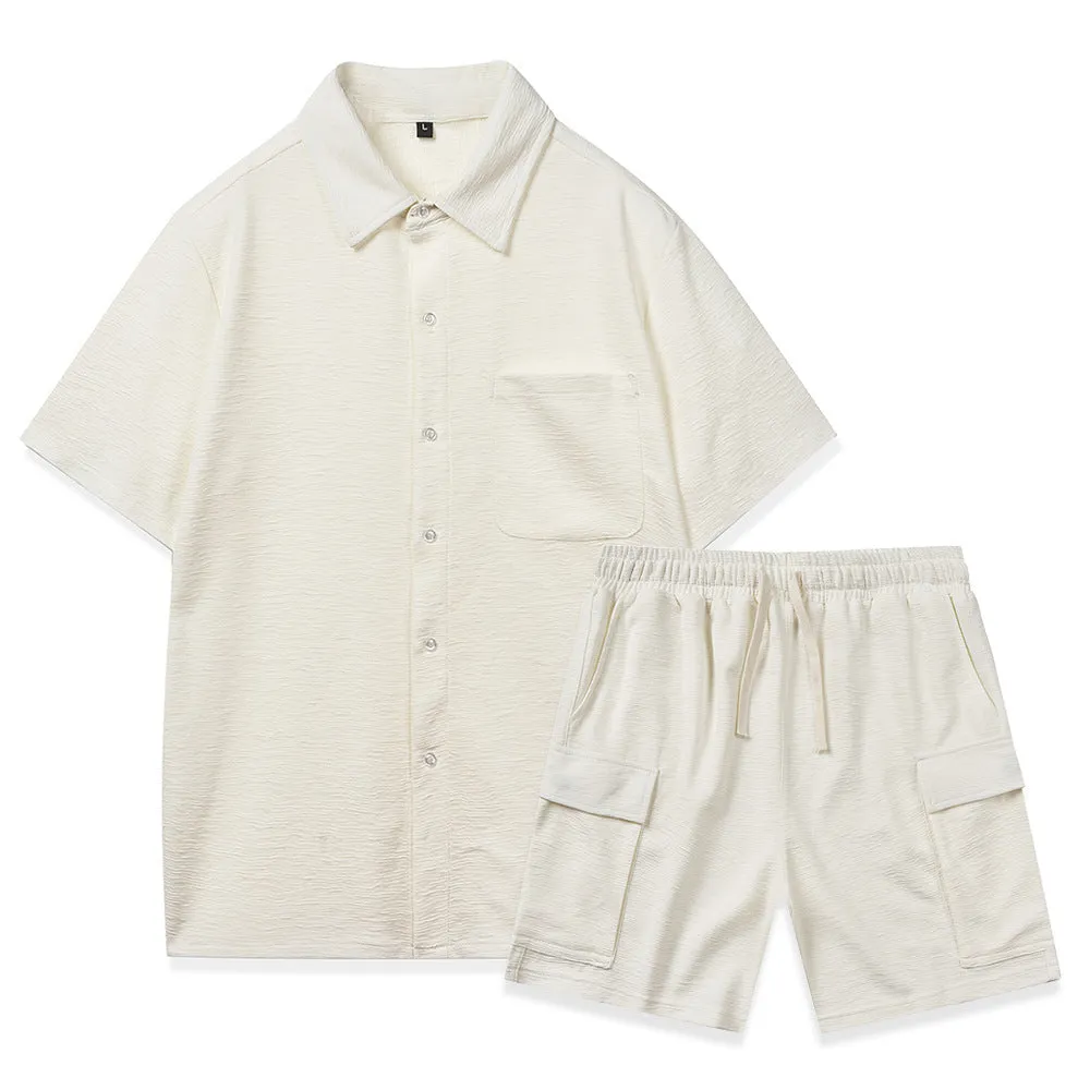 Women's beige casual two-piece set with sleeveless top and elastic waist shorts laid flat.