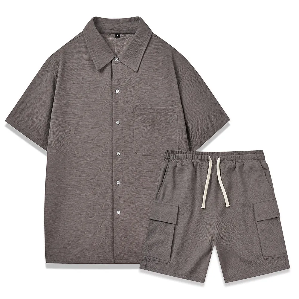 Women's beige casual two-piece set with sleeveless top and elastic waist shorts laid flat.