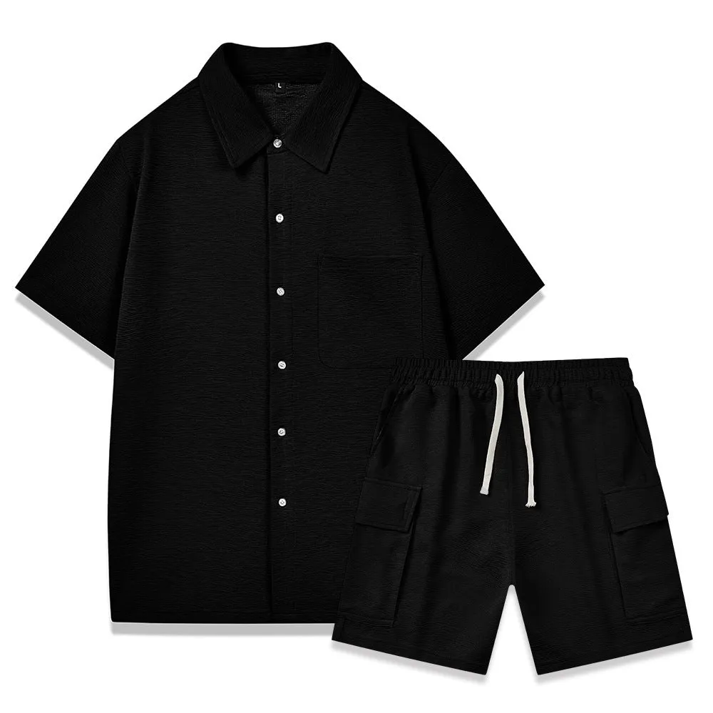 Women's beige casual two-piece set with sleeveless top and elastic waist shorts laid flat.