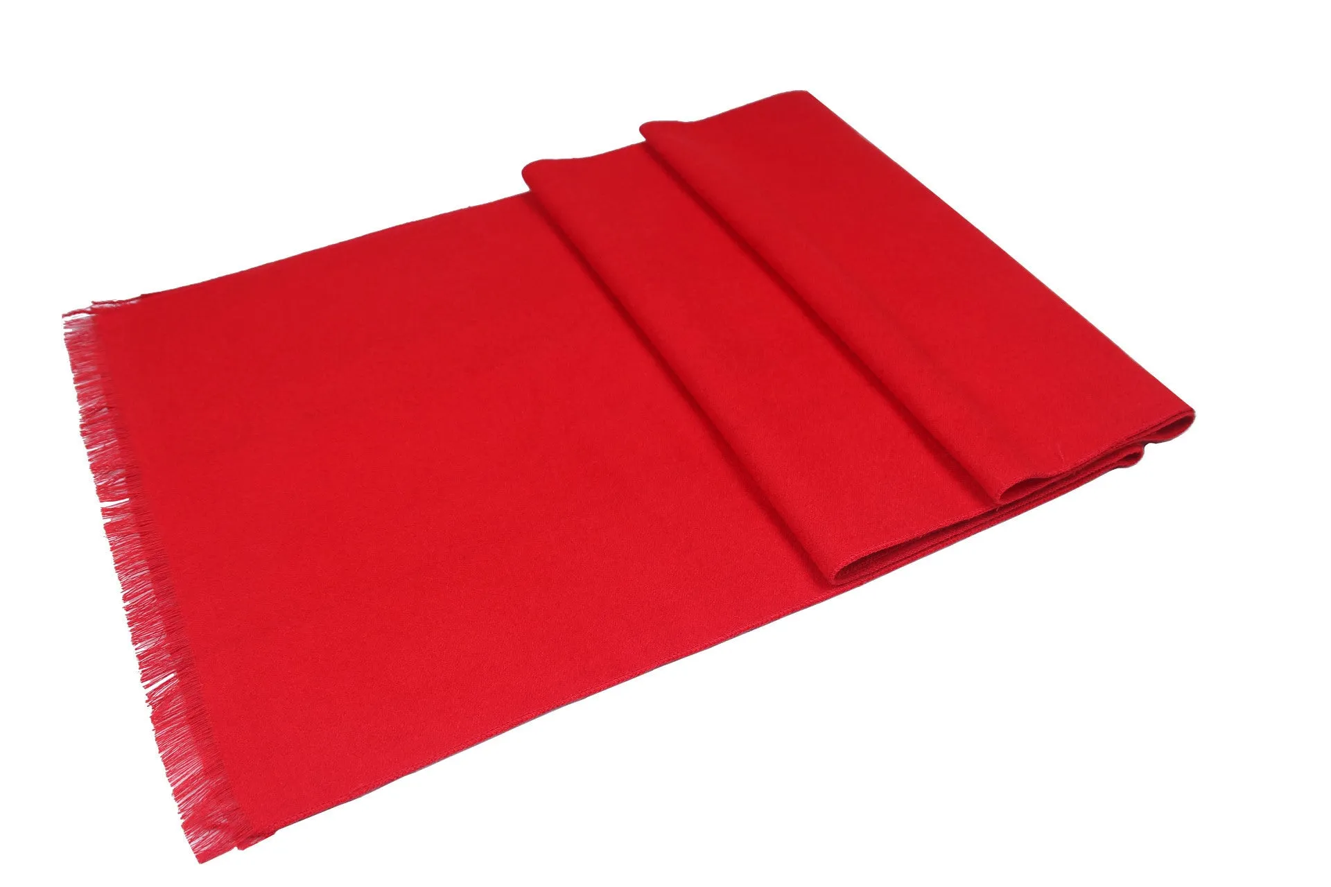 Men's solid red double-sided velvet scarf with tassel ends on a neutral background