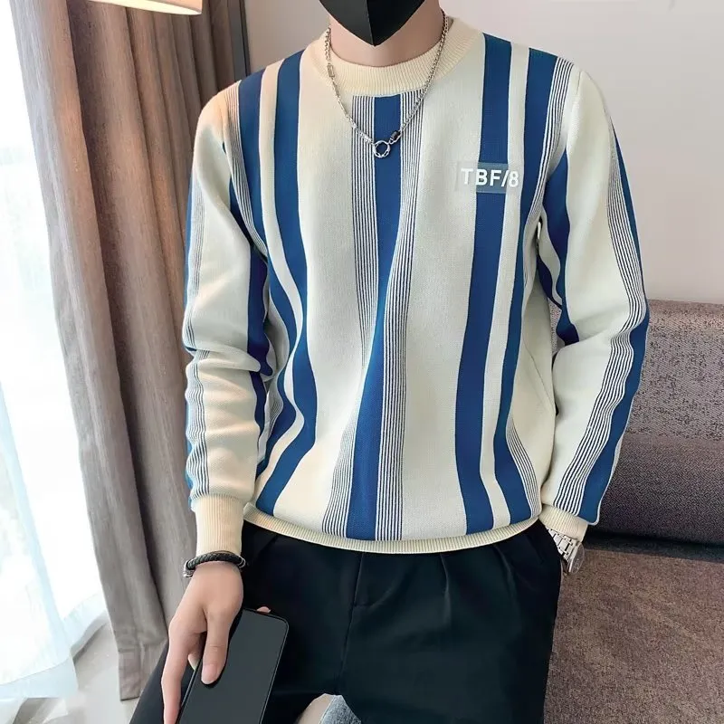 Blue and white contrast stripe loose fit pullover sweater with long sleeves, polyester blend fabric, sizes M to XXXL