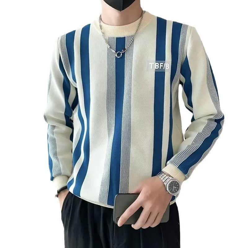 Blue and white contrast stripe loose fit pullover sweater with long sleeves, polyester blend fabric, sizes M to XXXL