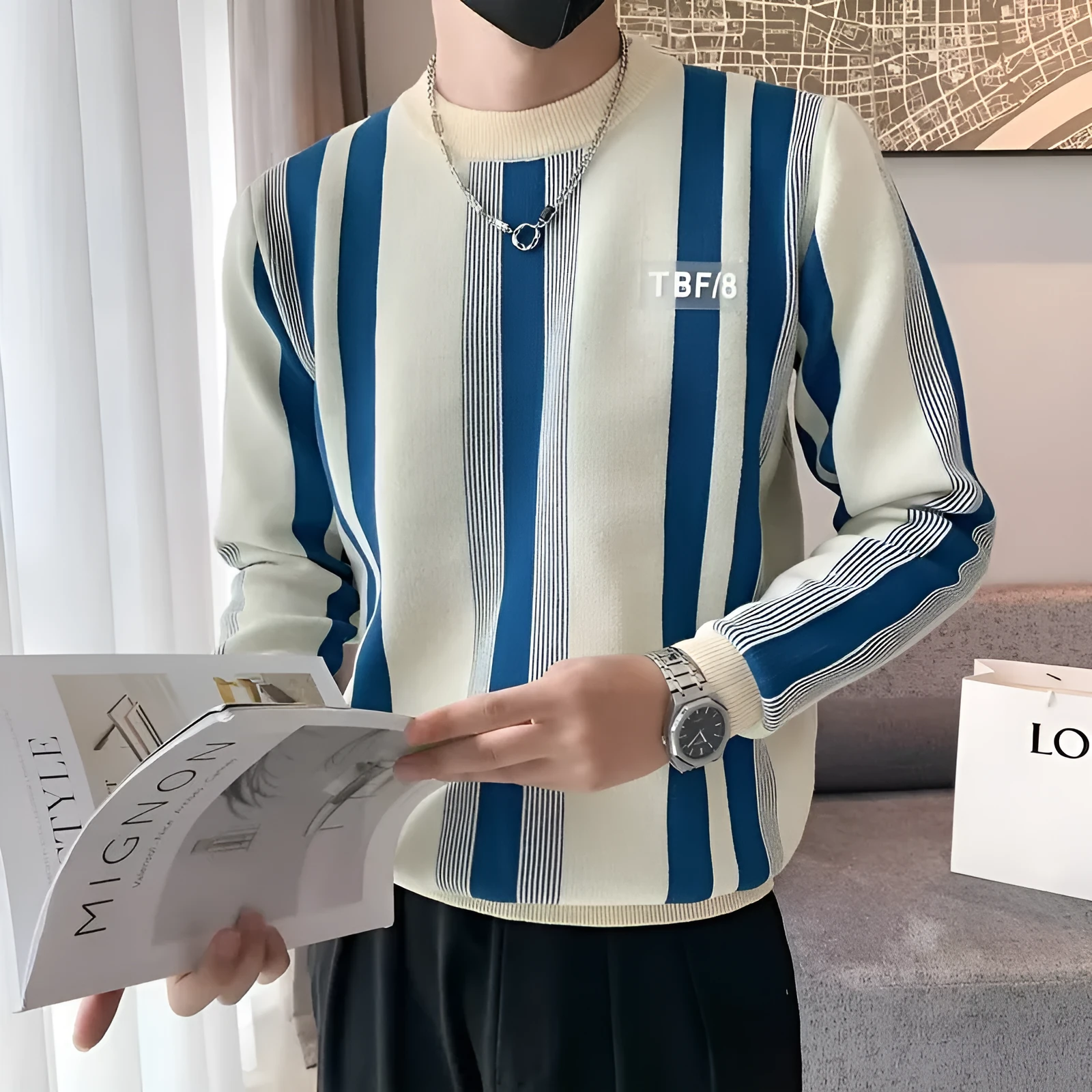 Blue and white contrast stripe loose fit pullover sweater with long sleeves, polyester blend fabric, sizes M to XXXL