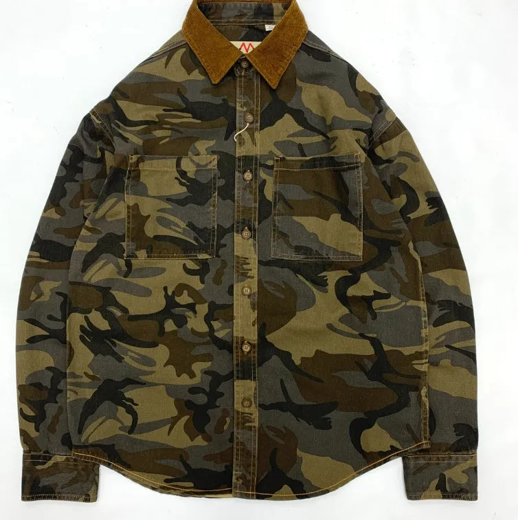 Men's retro camouflage shirt with corduroy lapel stitching and drop-shoulder sleeves in Army Green