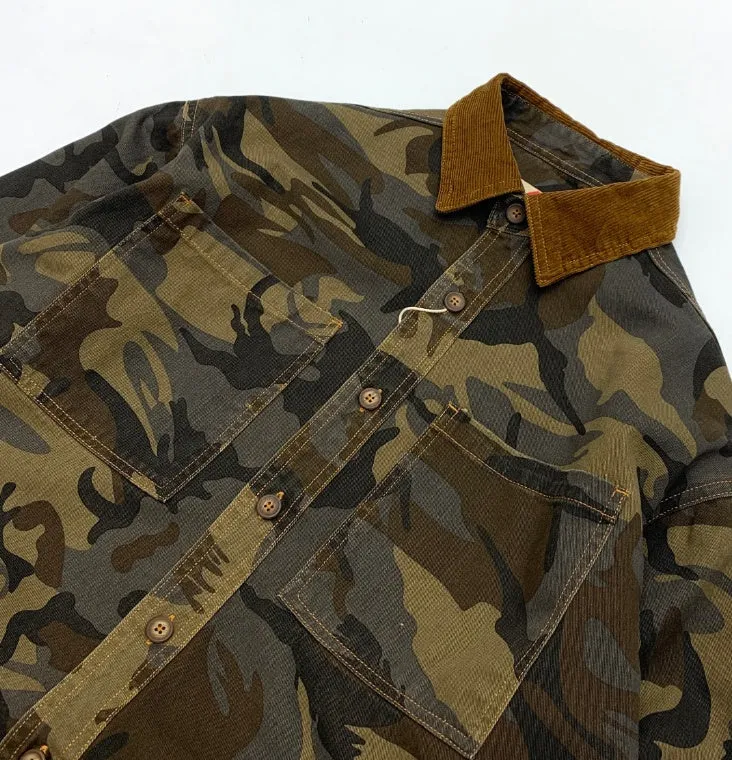 Men's retro camouflage shirt with corduroy lapel stitching and drop-shoulder sleeves in Army Green
