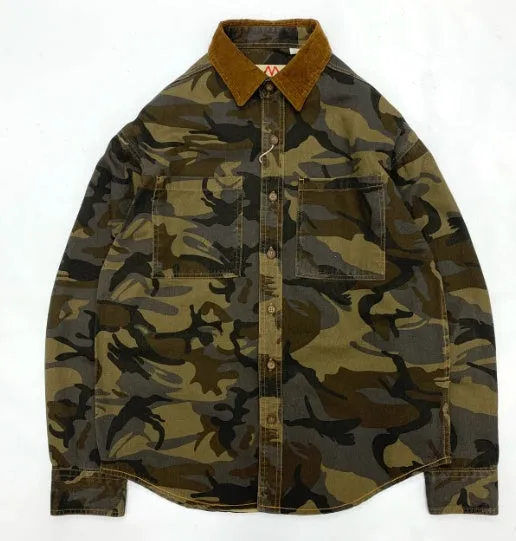 Men's retro camouflage shirt with corduroy lapel stitching and drop-shoulder sleeves in Army Green
