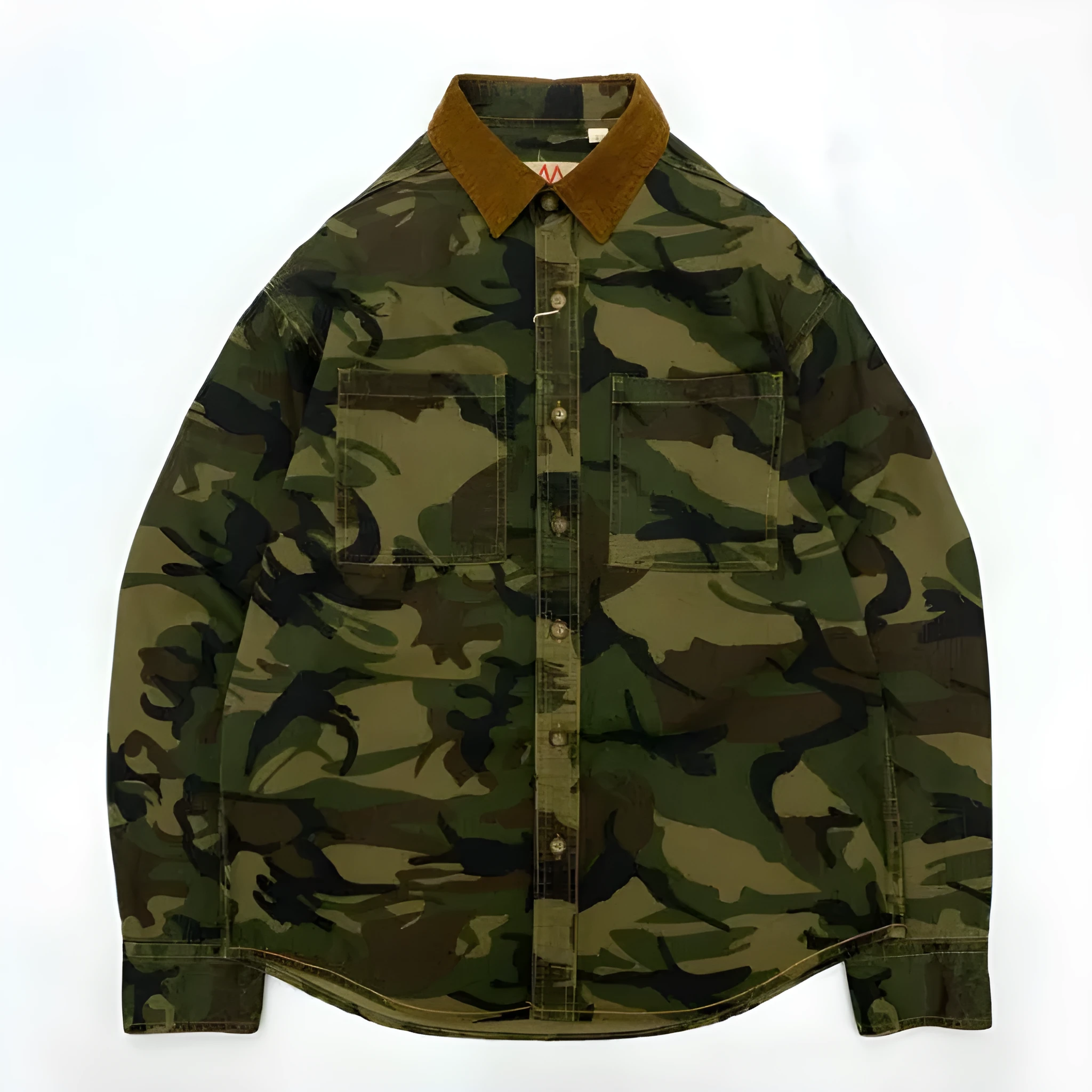 Men's retro camouflage shirt with corduroy lapel stitching and drop-shoulder sleeves in Army Green