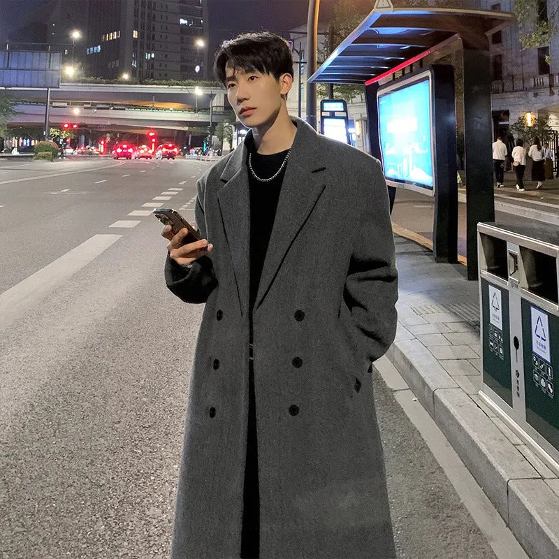 Mid-length thick loose Korean style trench coat suit set for women winter casual wear, colour Dark Gray, front view