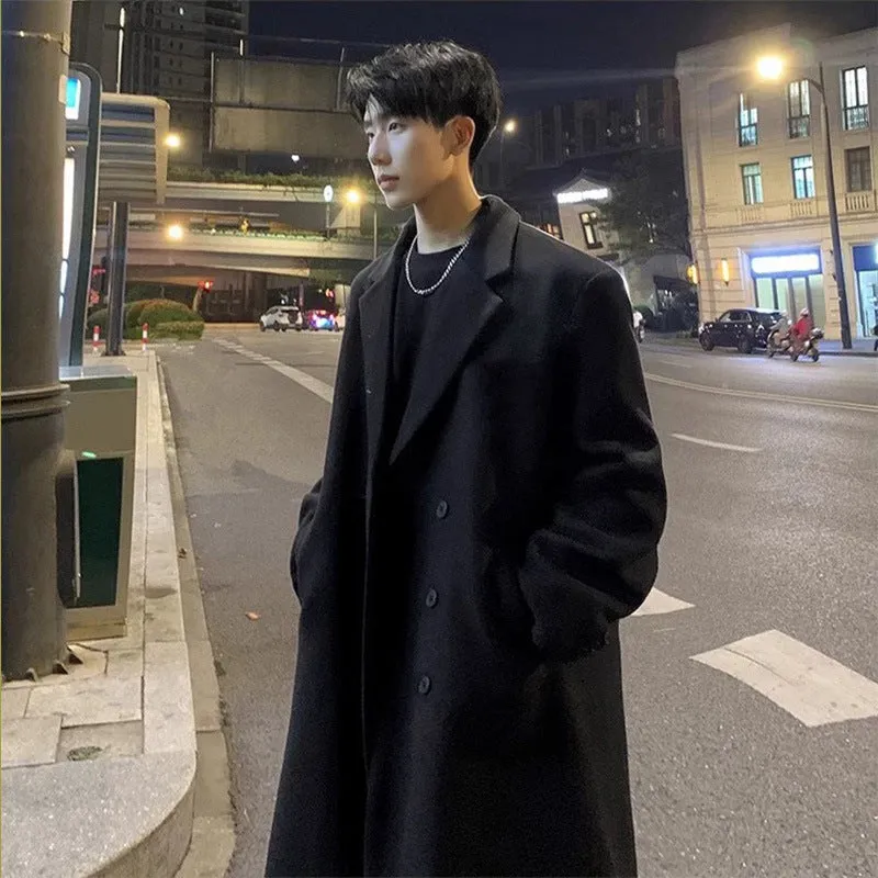 Mid-length thick loose Korean style trench coat suit set for women winter casual wear, colour Dark Gray, front view