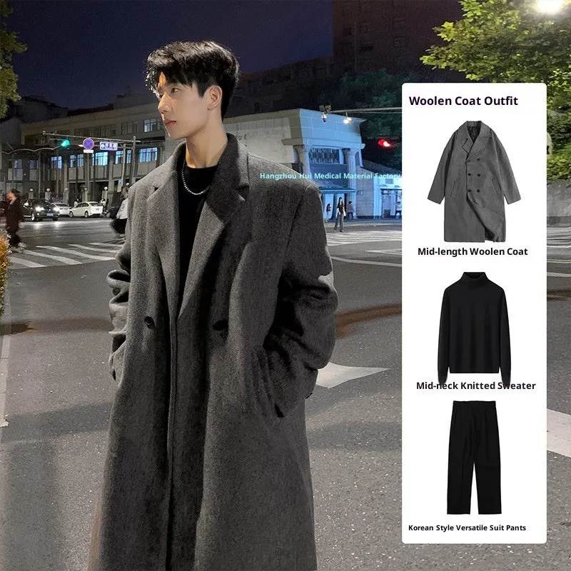 Mid-length thick loose Korean style trench coat suit set for women winter casual wear, colour Dark Gray, front view