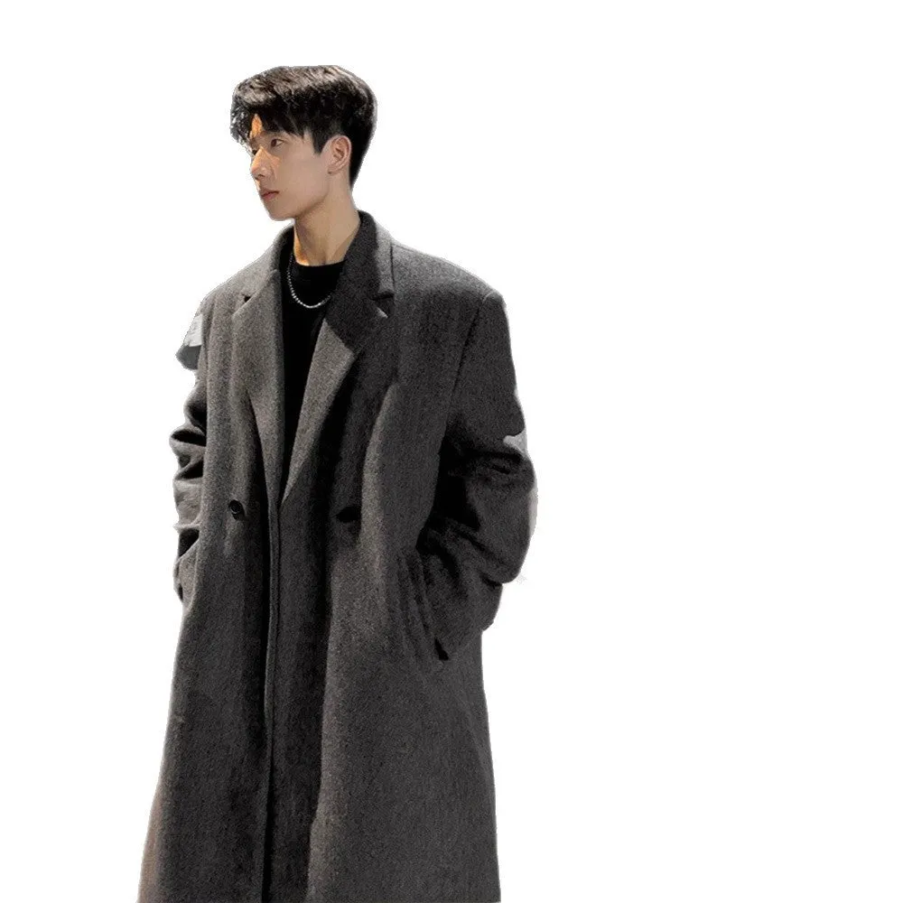 Mid-length thick loose Korean style trench coat suit set for women winter casual wear, colour Dark Gray, front view
