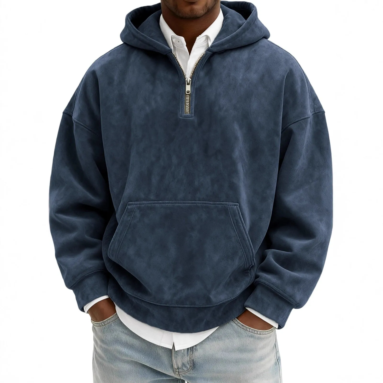 Solid colour half-zip hoodie in suede fabric with hood and long sleeves, loose fit