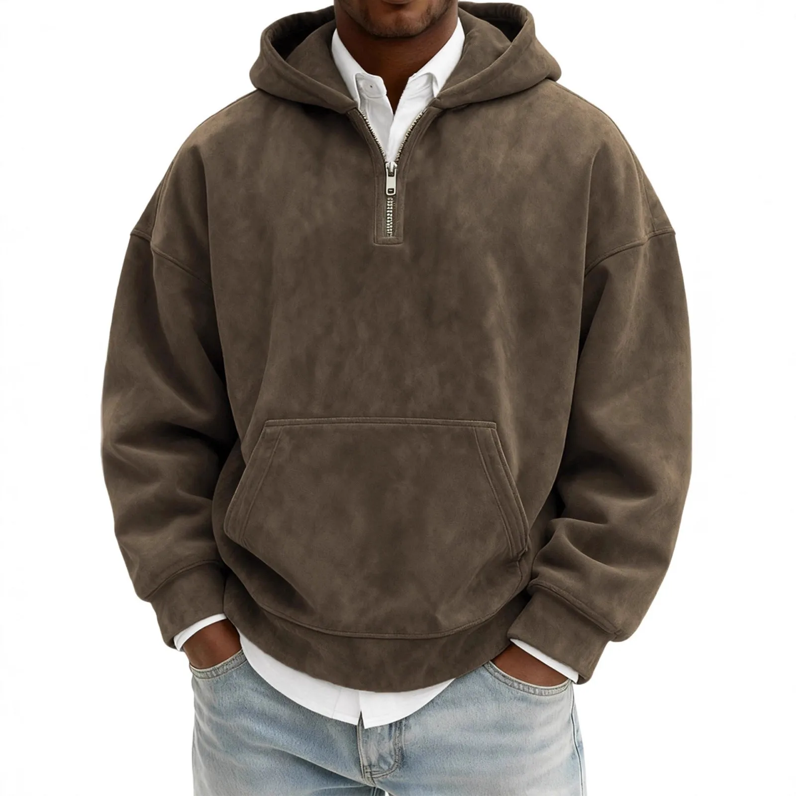 Solid colour half-zip hoodie in suede fabric with hood and long sleeves, loose fit