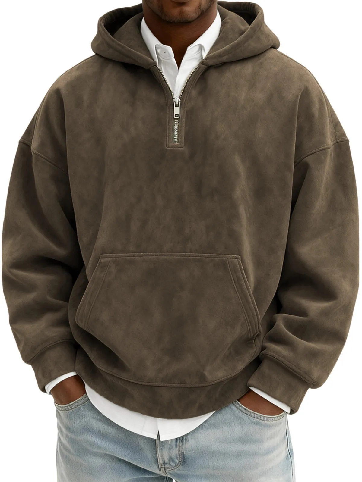 Solid colour half-zip hoodie in suede fabric with hood and long sleeves, loose fit