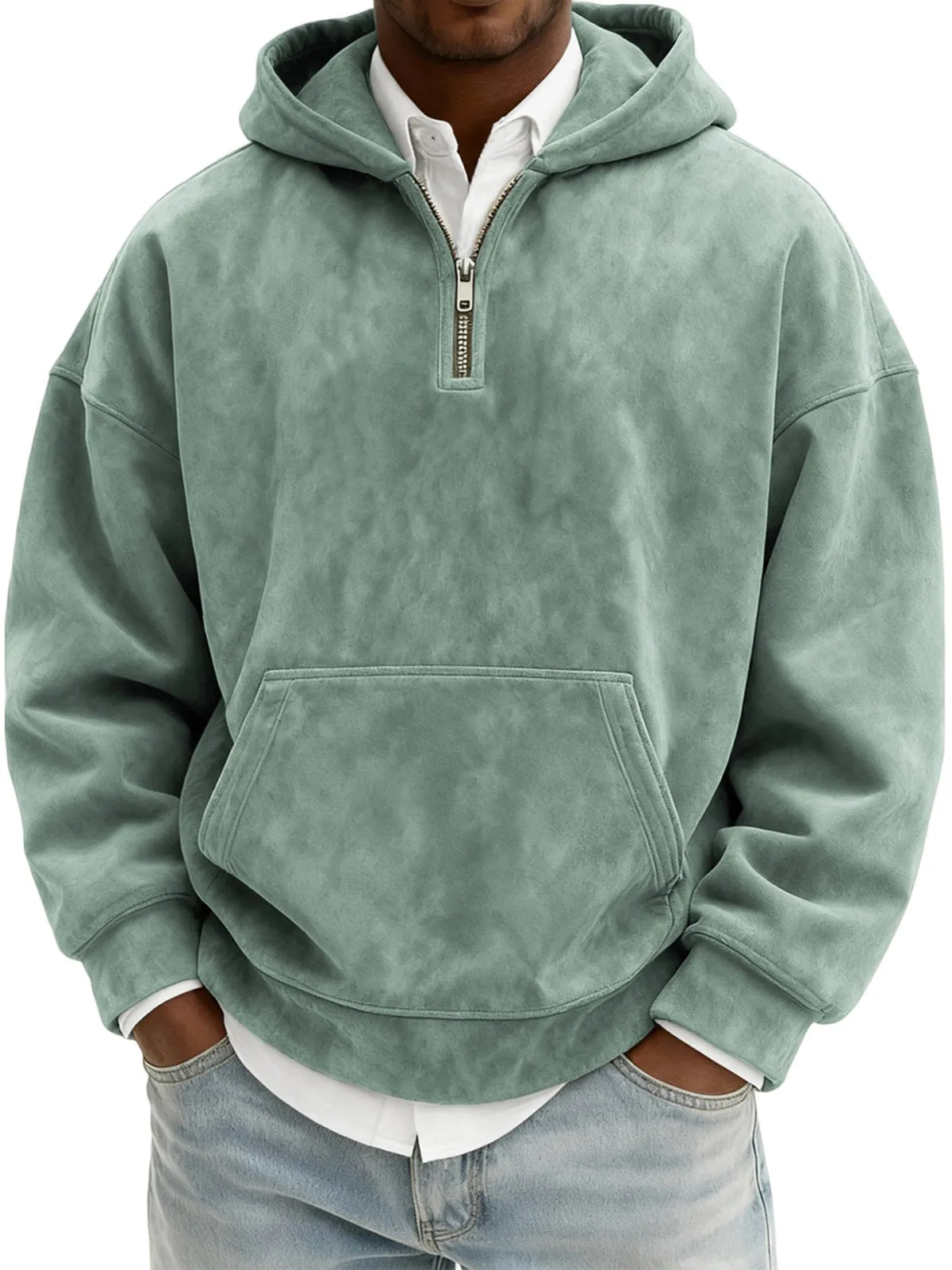 Solid colour half-zip hoodie in suede fabric with hood and long sleeves, loose fit