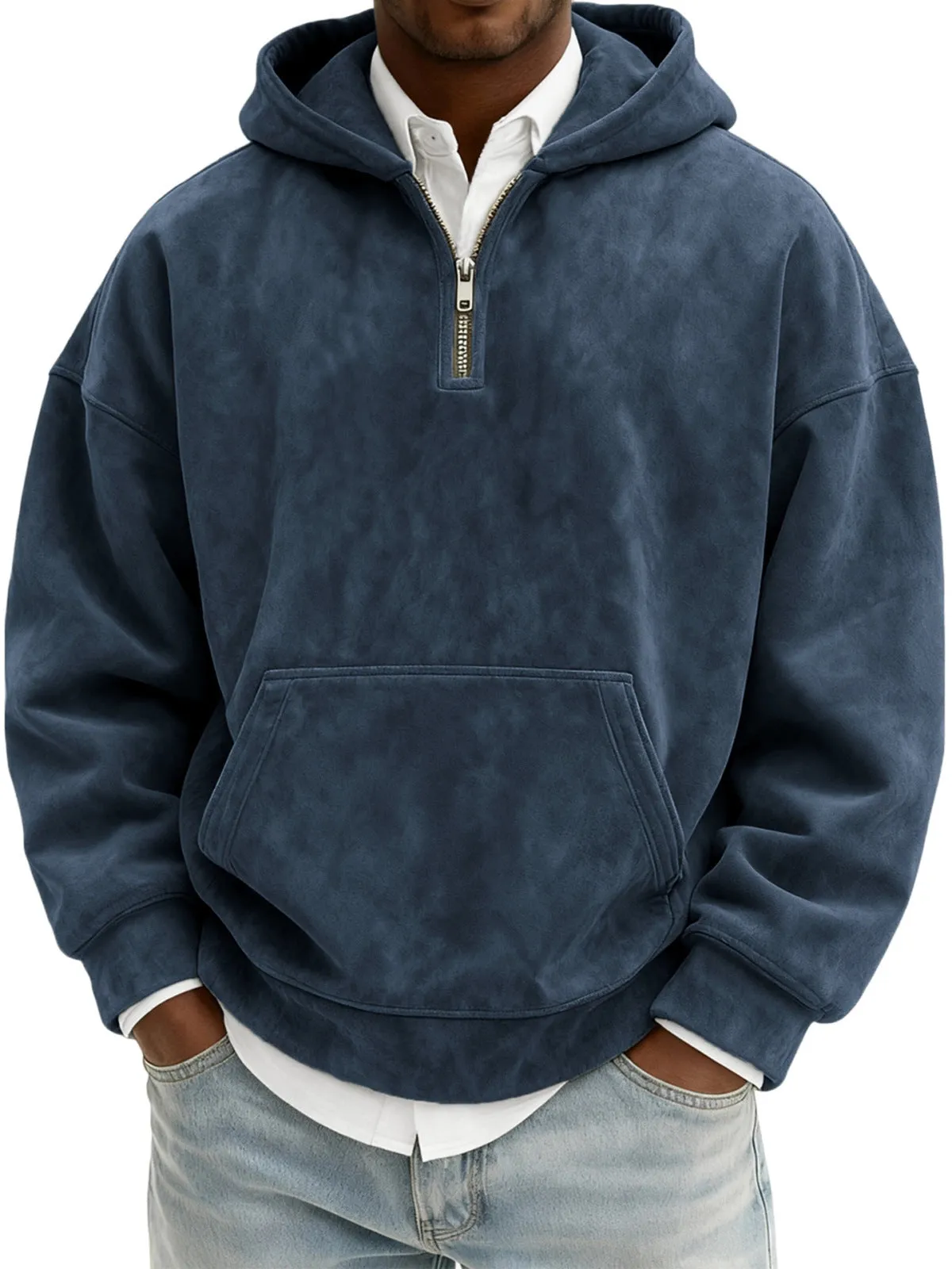 Solid colour half-zip hoodie in suede fabric with hood and long sleeves, loose fit