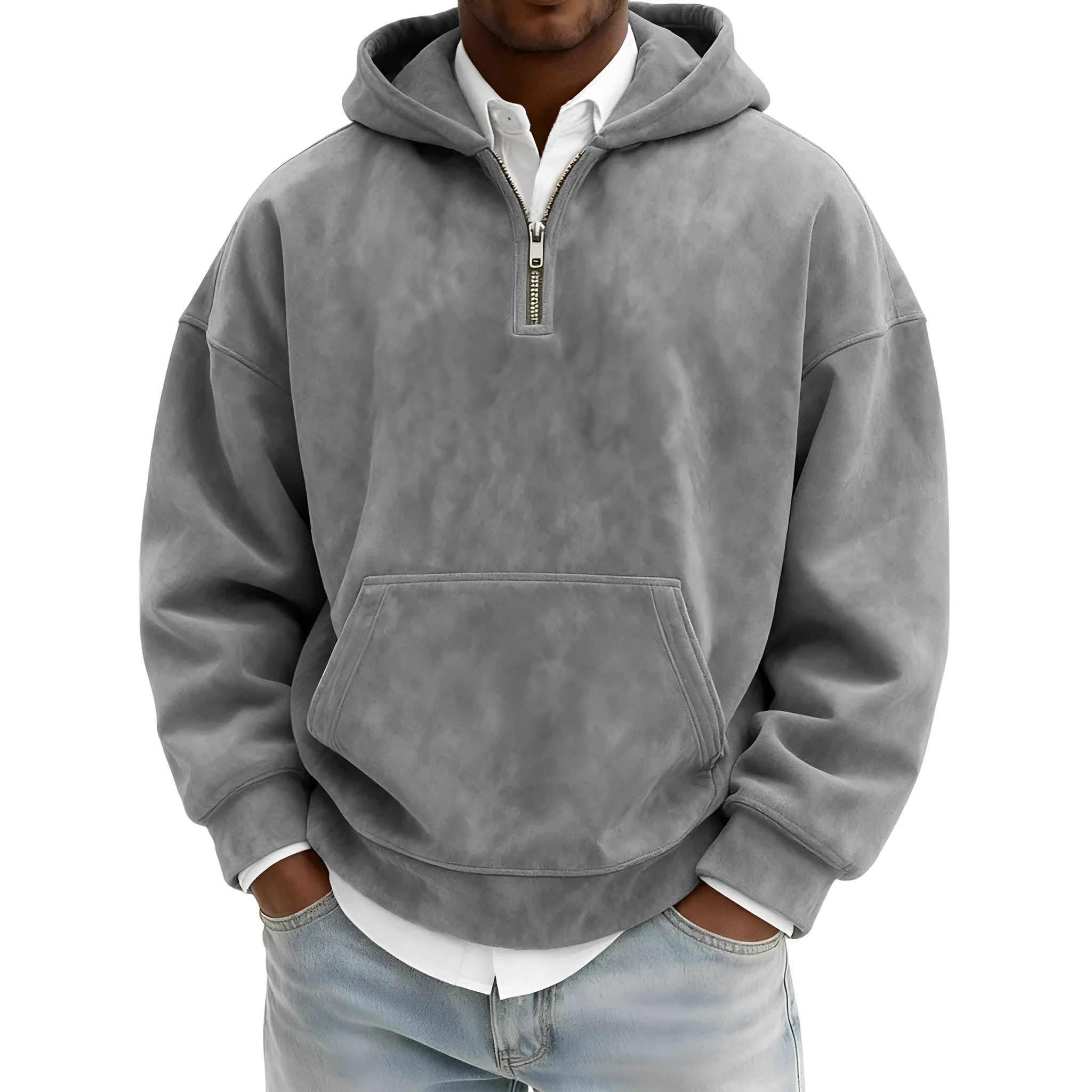 Solid colour half-zip hoodie in suede fabric with hood and long sleeves, loose fit