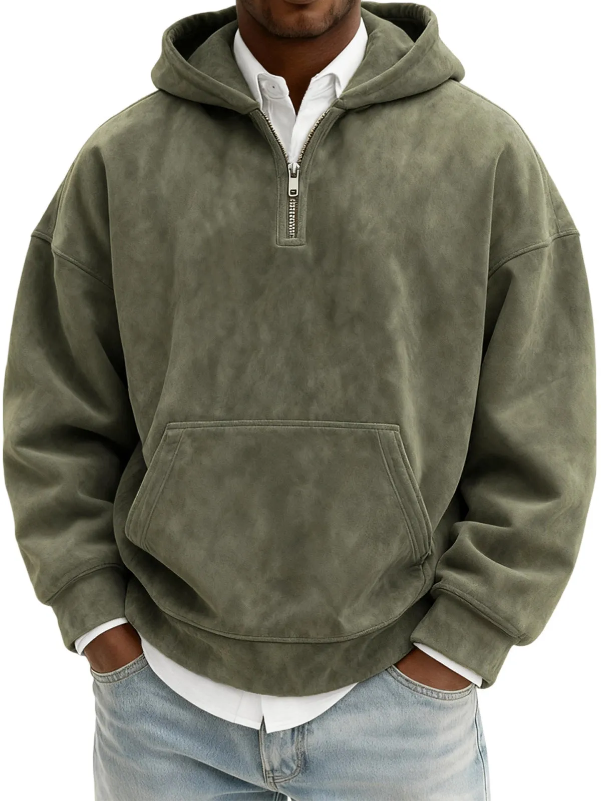 Solid colour half-zip hoodie in suede fabric with hood and long sleeves, loose fit