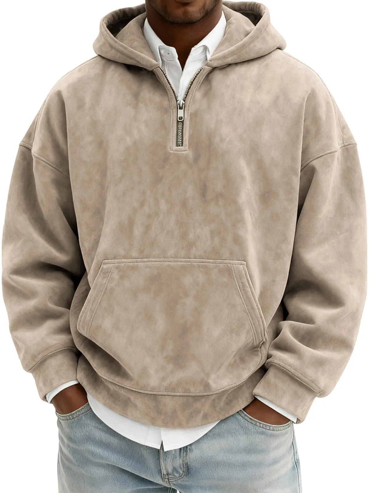Solid colour half-zip hoodie in suede fabric with hood and long sleeves, loose fit