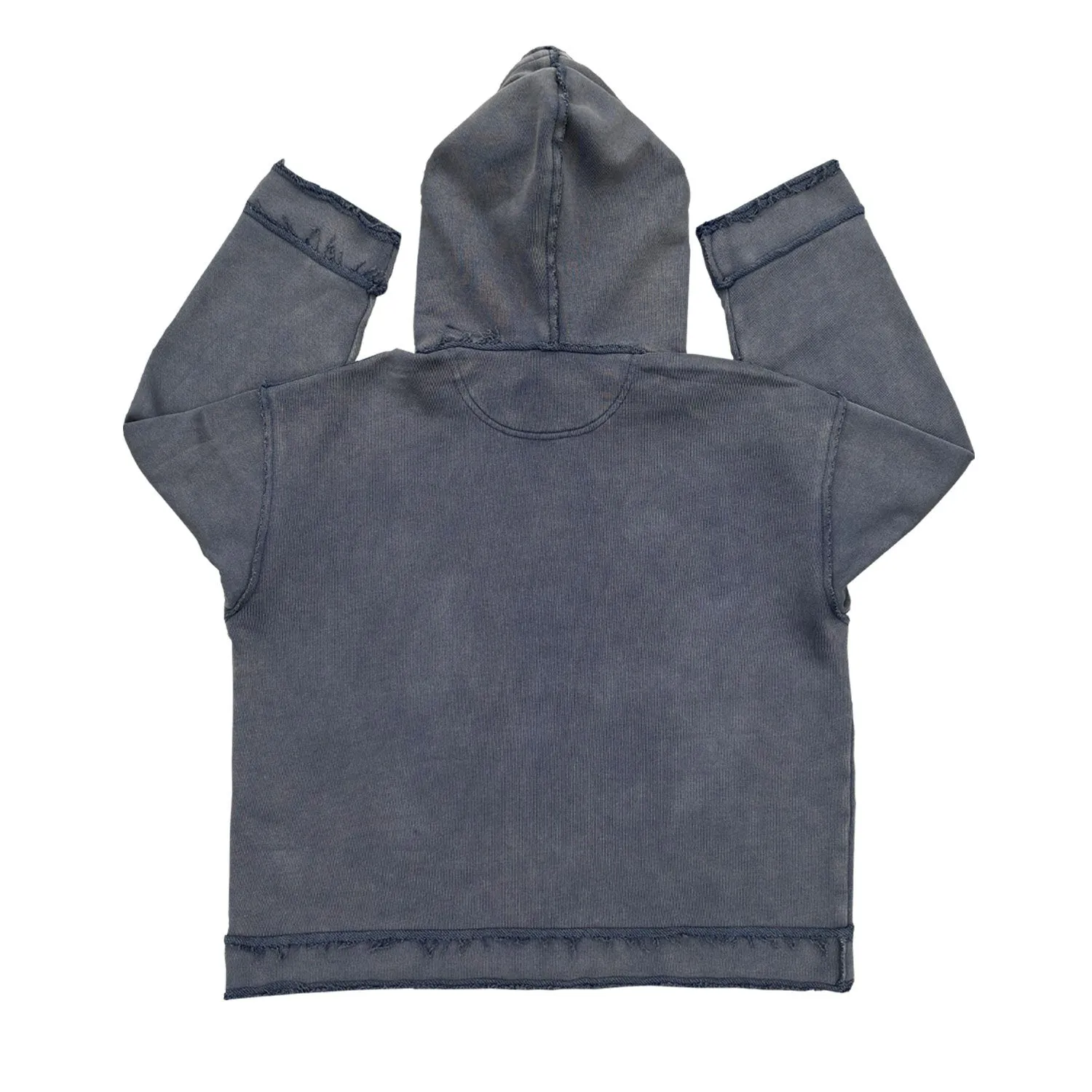 Dark blue zip-up hoodie sweater on a hanger showing the front zip, hood, and long sleeves.