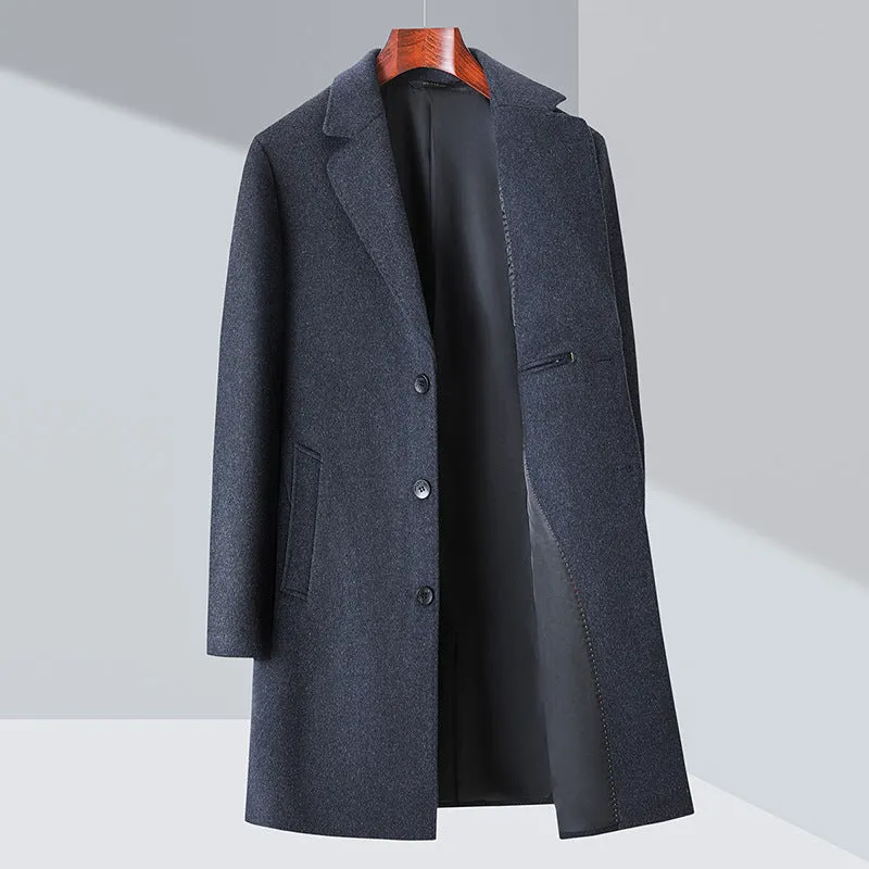 Men's solid colour woolen trench coat in Black with notch lapel, light business style, Asian size 170-195