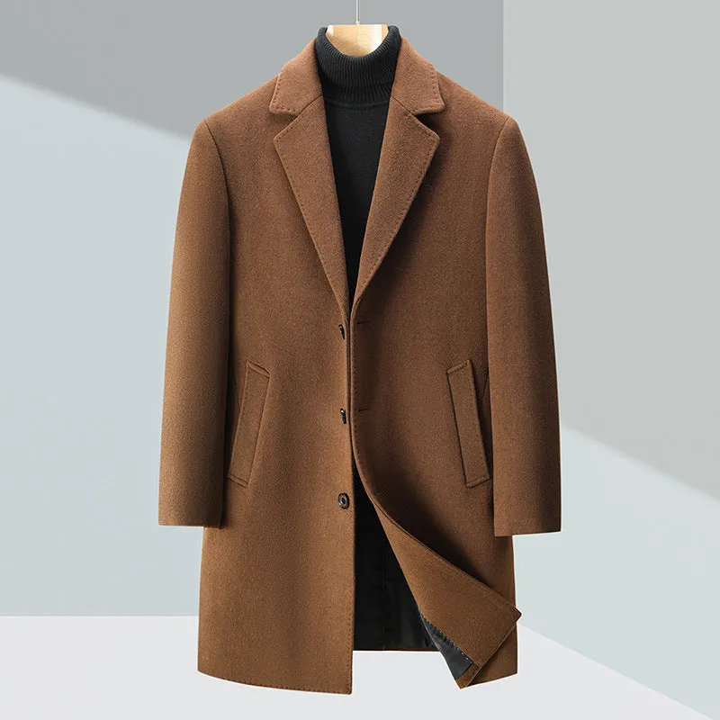 Men's solid colour woolen trench coat in Black with notch lapel, light business style, Asian size 170-195