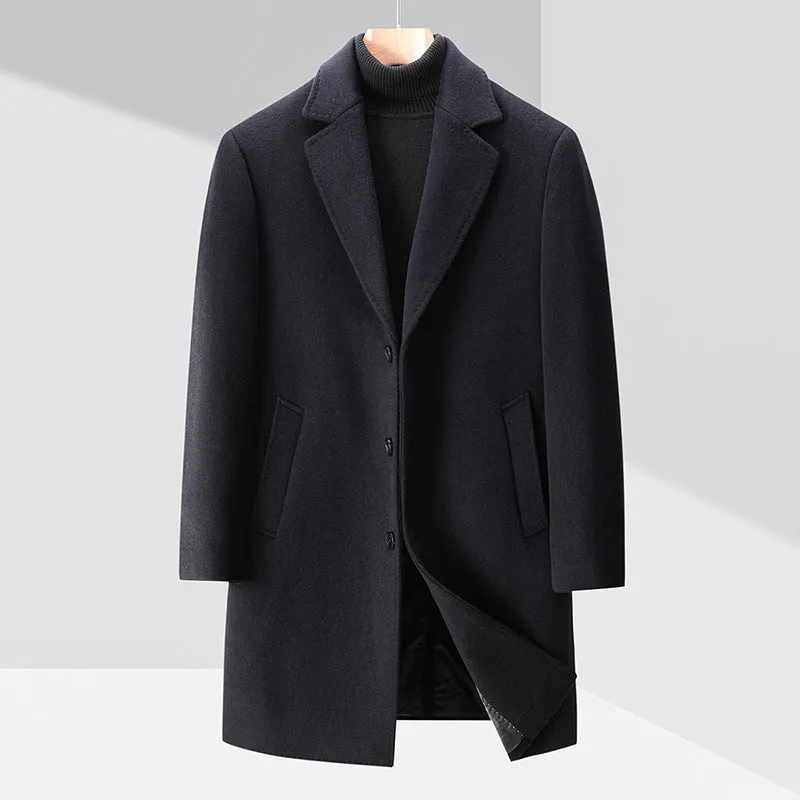Men's solid colour woolen trench coat in Black with notch lapel, light business style, Asian size 170-195