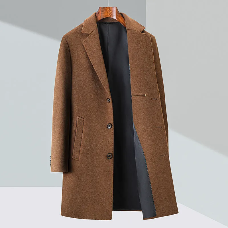 Men's solid colour woolen trench coat in Black with notch lapel, light business style, Asian size 170-195