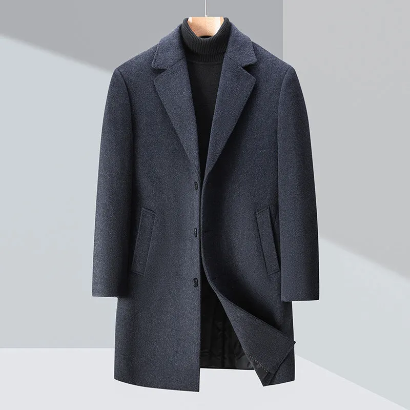Men's solid colour woolen trench coat in Black with notch lapel, light business style, Asian size 170-195