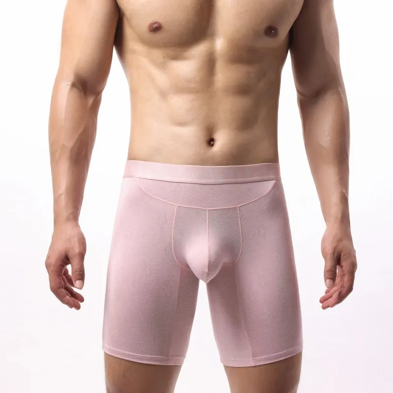 Men's lengthened modal ice silk boxer shorts with hip lifting in blue, front view