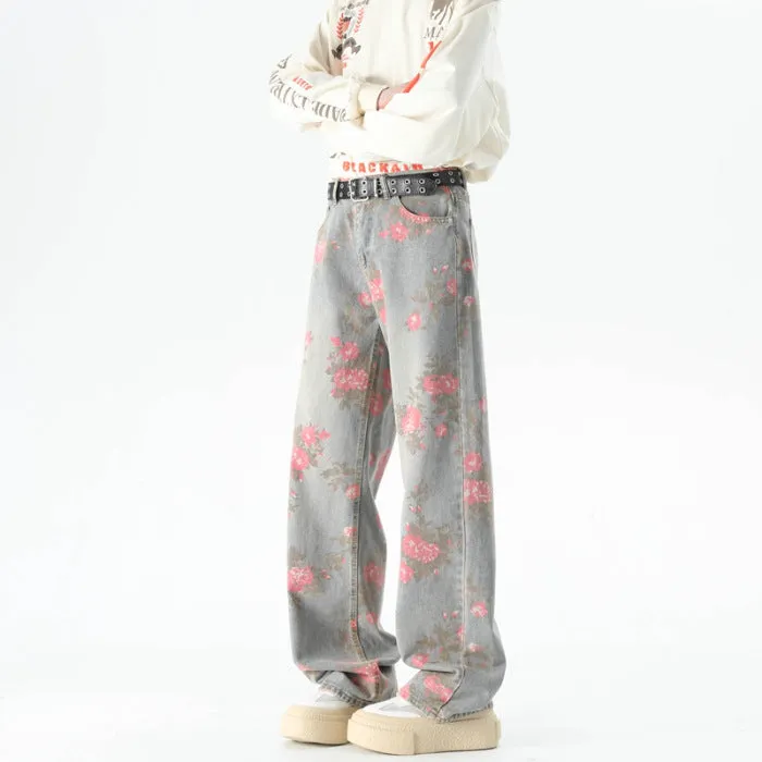 Men's blue peony jacquard washed loose jeans with mid waist and zipper fly