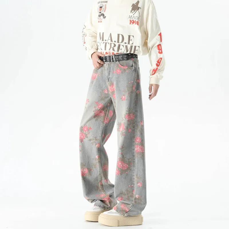 Men's blue peony jacquard washed loose jeans with mid waist and zipper fly