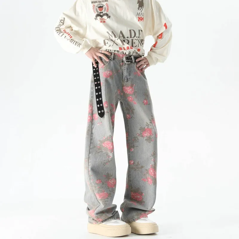 Men's blue peony jacquard washed loose jeans with mid waist and zipper fly