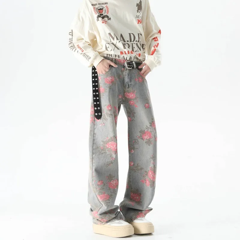 Men's blue peony jacquard washed loose jeans with mid waist and zipper fly