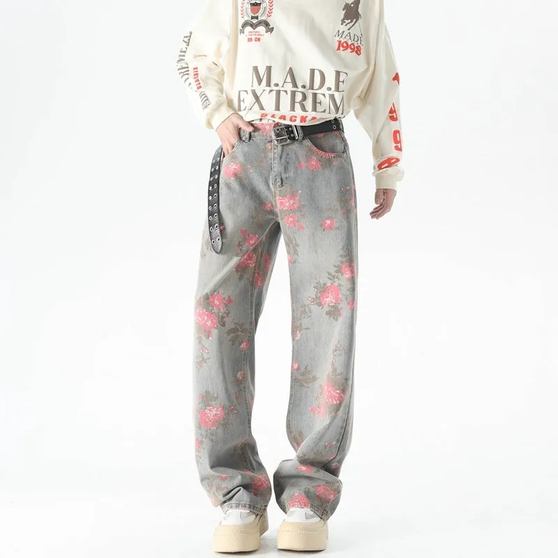 Men's blue peony jacquard washed loose jeans with mid waist and zipper fly