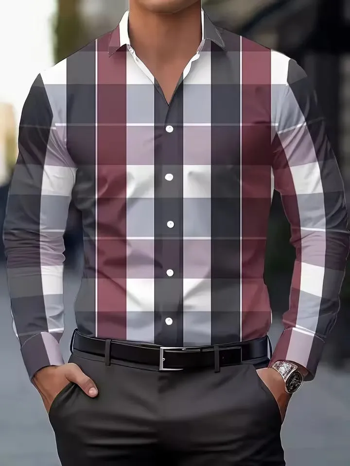 Man wearing a blue striped long sleeve button-up shirt with a lapel collar.