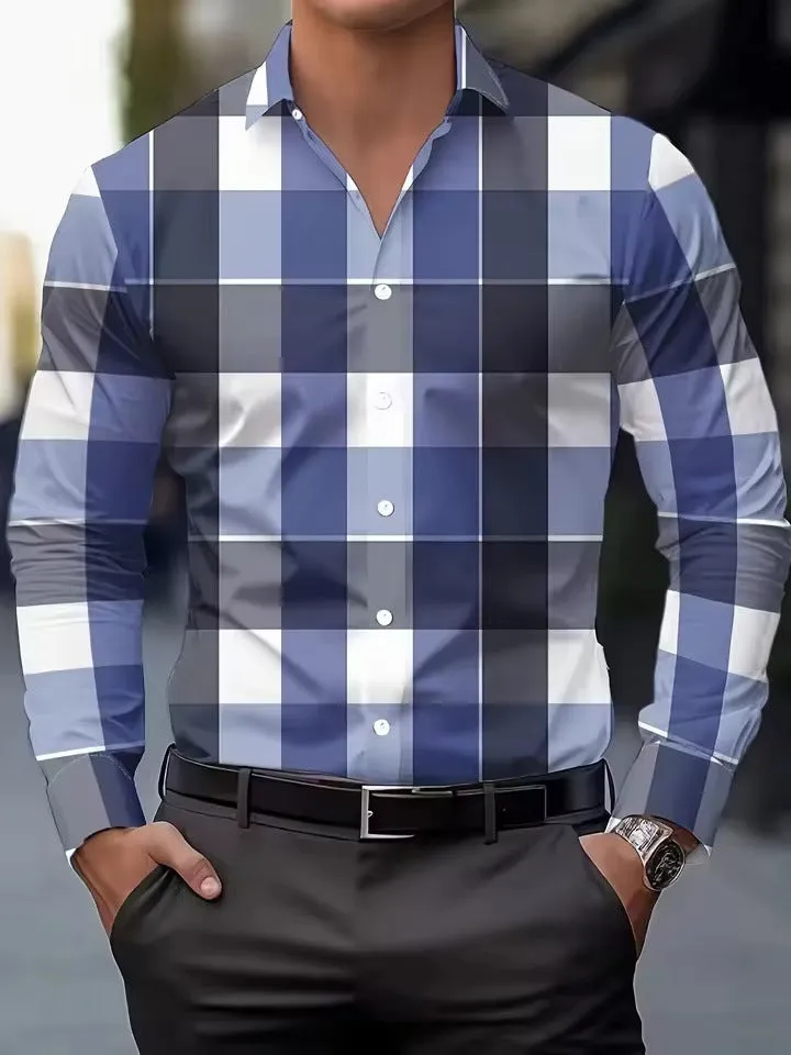 Man wearing a blue striped long sleeve button-up shirt with a lapel collar.