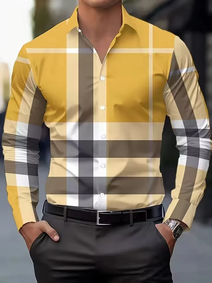 Man wearing a blue striped long sleeve button-up shirt with a lapel collar.