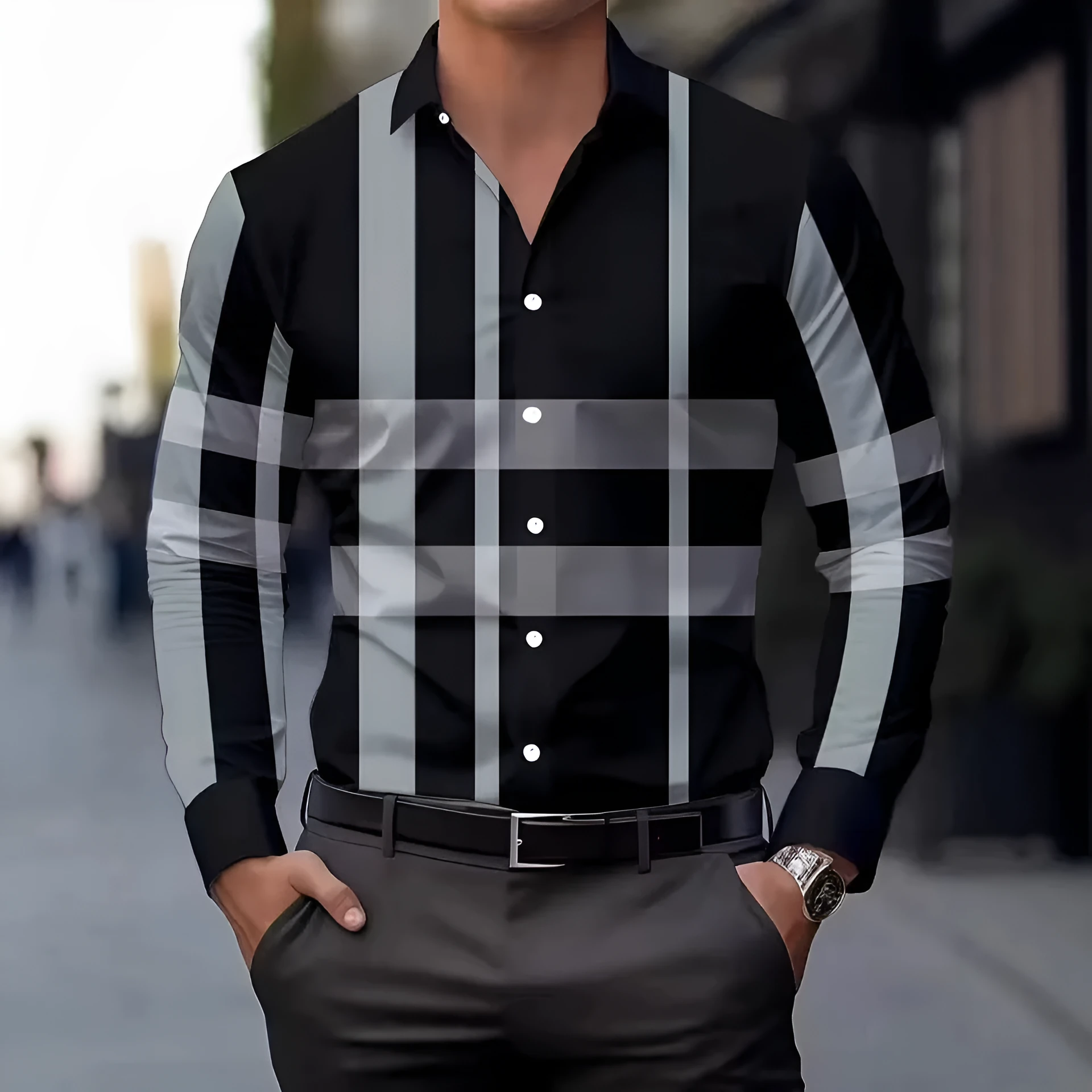 Man wearing a blue striped long sleeve button-up shirt with a lapel collar.