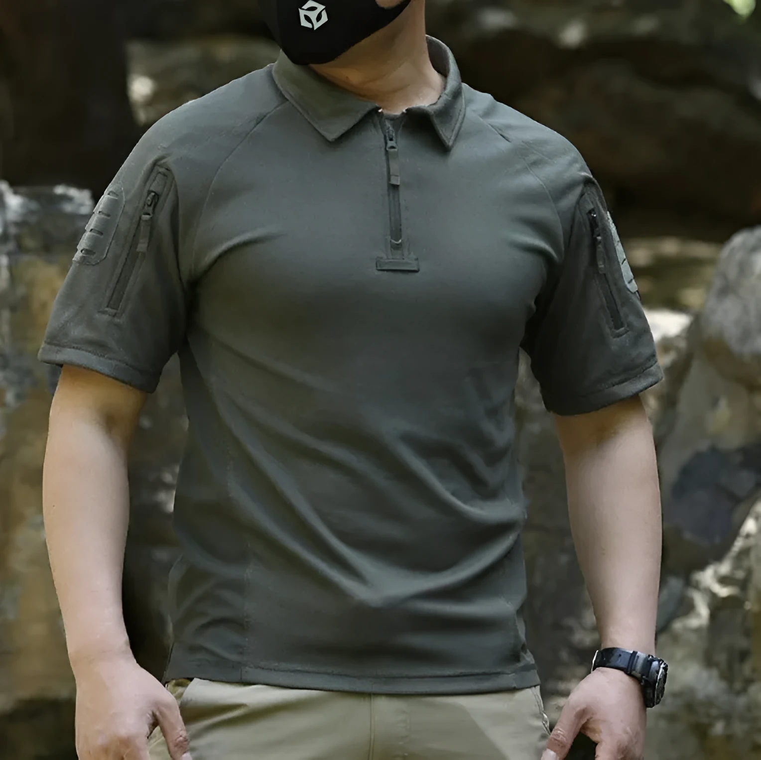 Men's summer light breathable sports T-shirt quick dry short sleeve in black, front view with athletic fit