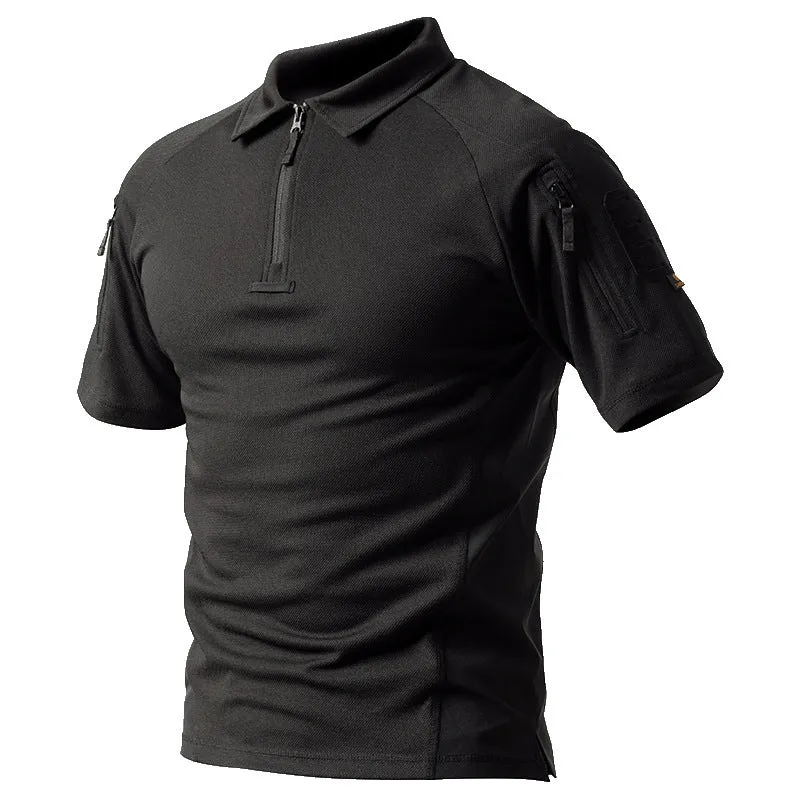 Men's summer light breathable sports T-shirt quick dry short sleeve in black, front view with athletic fit