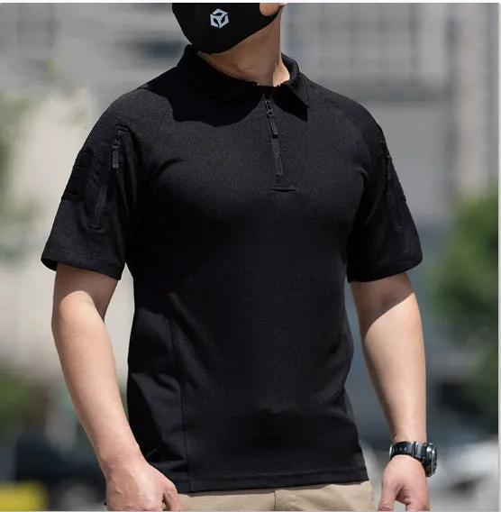 Men's summer light breathable sports T-shirt quick dry short sleeve in black, front view with athletic fit