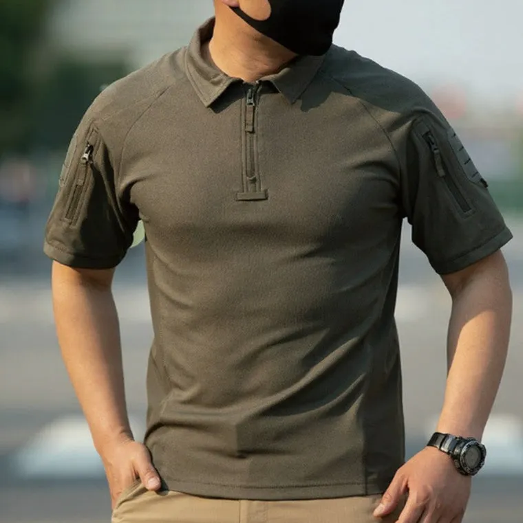 Men's summer light breathable sports T-shirt quick dry short sleeve in black, front view with athletic fit