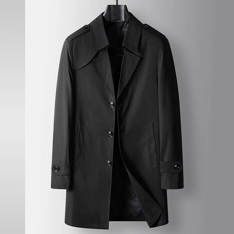 Mid-length lapel single breasted trench coat for men in khaki, chemical fibre blend, regular fit