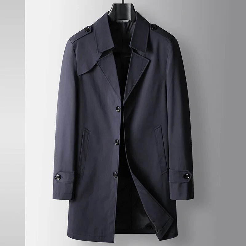 Mid-length lapel single breasted trench coat for men in khaki, chemical fibre blend, regular fit