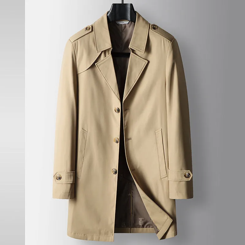 Mid-length lapel single breasted trench coat for men in khaki, chemical fibre blend, regular fit