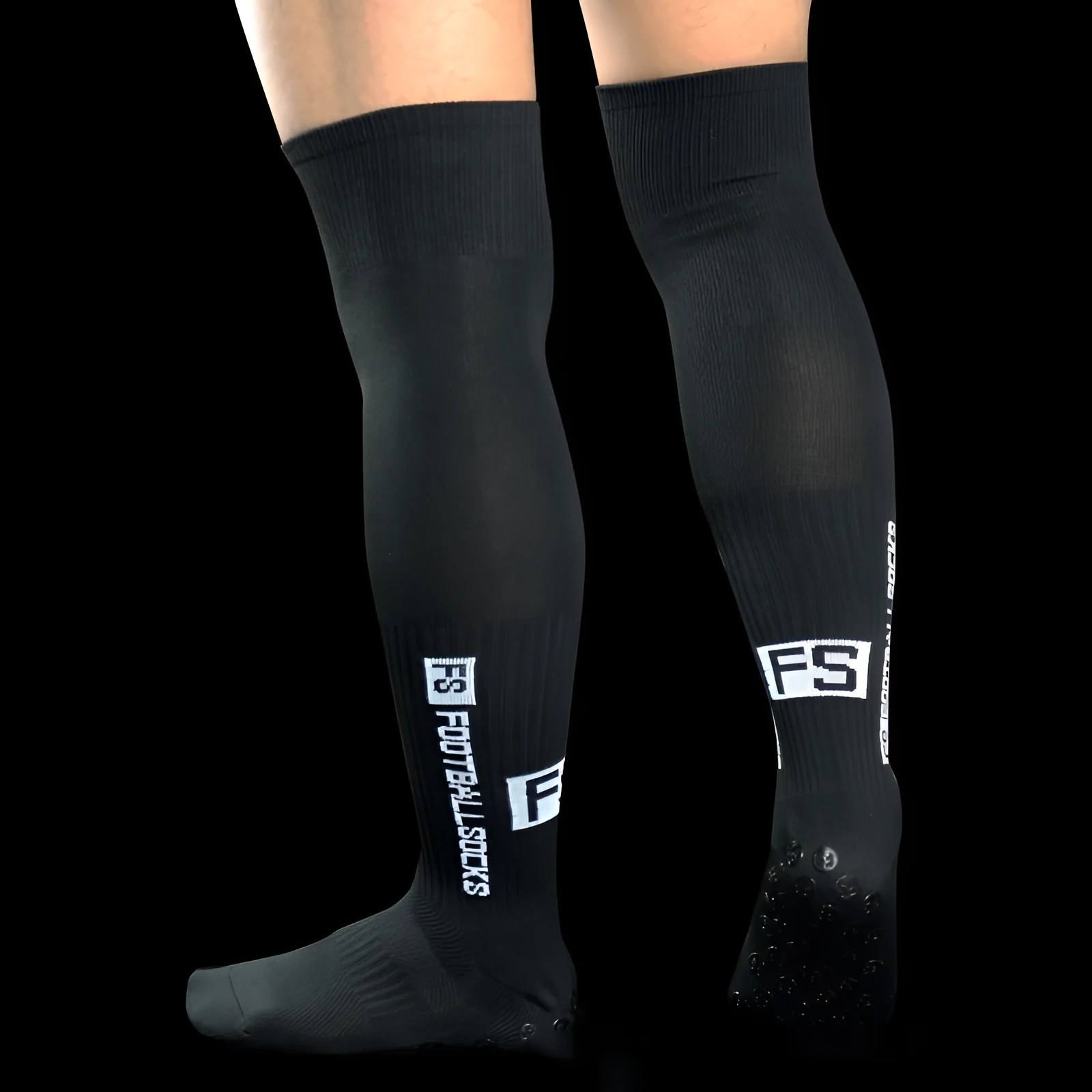 Anti-slip knee-length polyester soccer socks in black for football match and training use