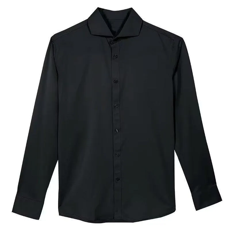 Man wearing a black Japanese retro style loose fit cardigan shirt with long sleeves.